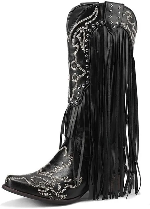Yolkomo Women's Fringe Western Boots Wide Calf Mid Block Heel Cowgirl Cowboy Boots