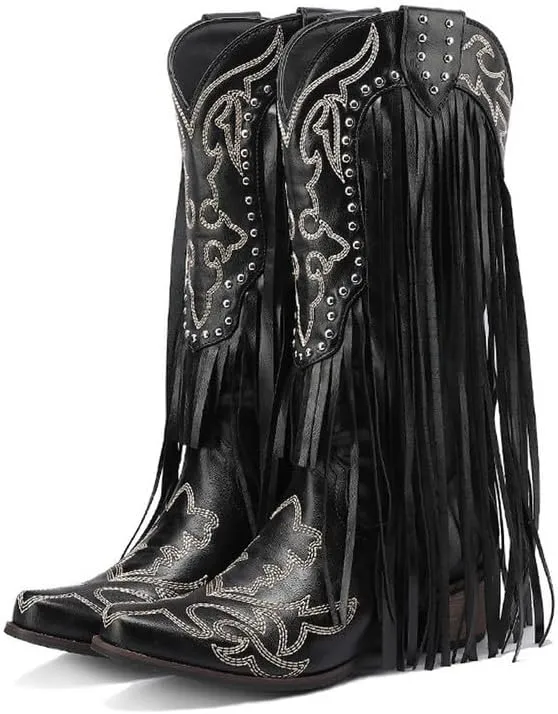 Yolkomo Women's Fringe Western Boots Wide Calf Mid Block Heel Cowgirl Cowboy Boots
