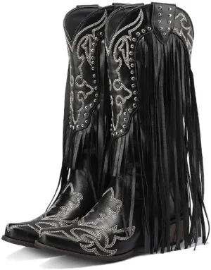Yolkomo Women's Fringe Western Boots Wide Calf Mid Block Heel Cowgirl Cowboy Boots