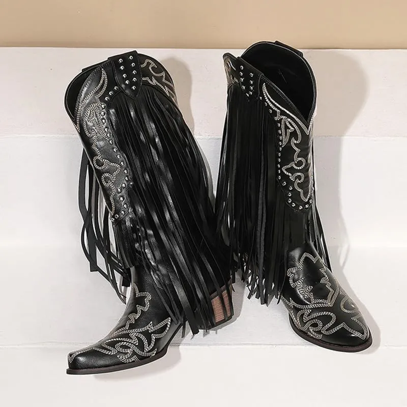Yolkomo Women's Fringe Western Boots Wide Calf Mid Block Heel Cowgirl Cowboy Boots