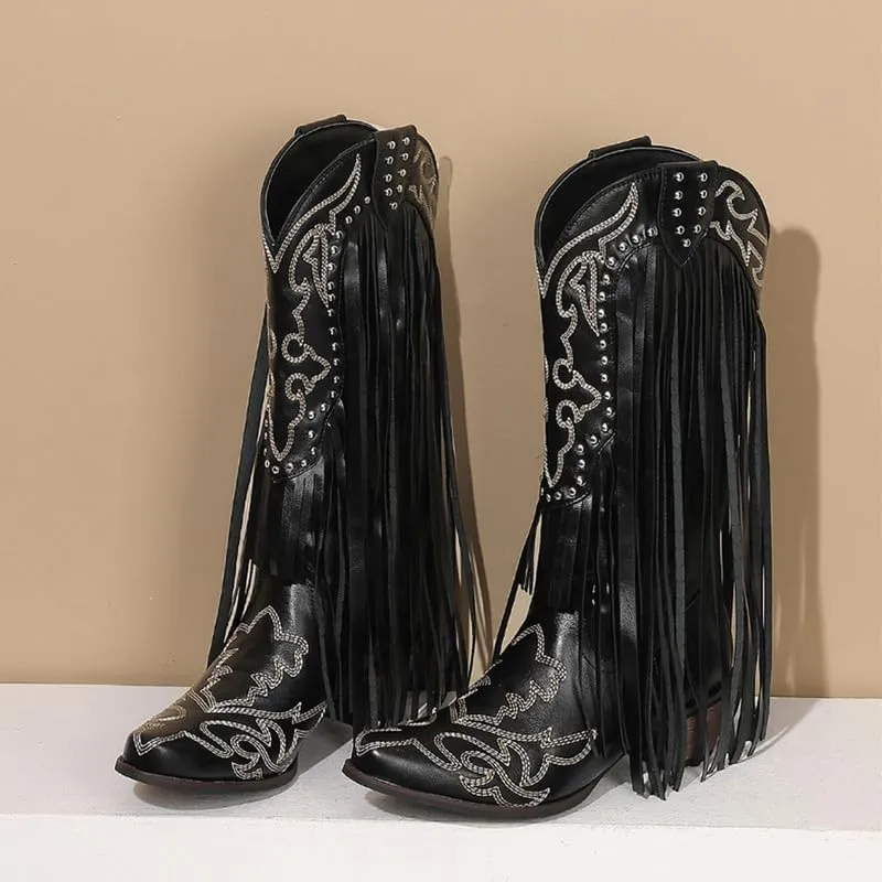 Yolkomo Women's Fringe Western Boots Wide Calf Mid Block Heel Cowgirl Cowboy Boots