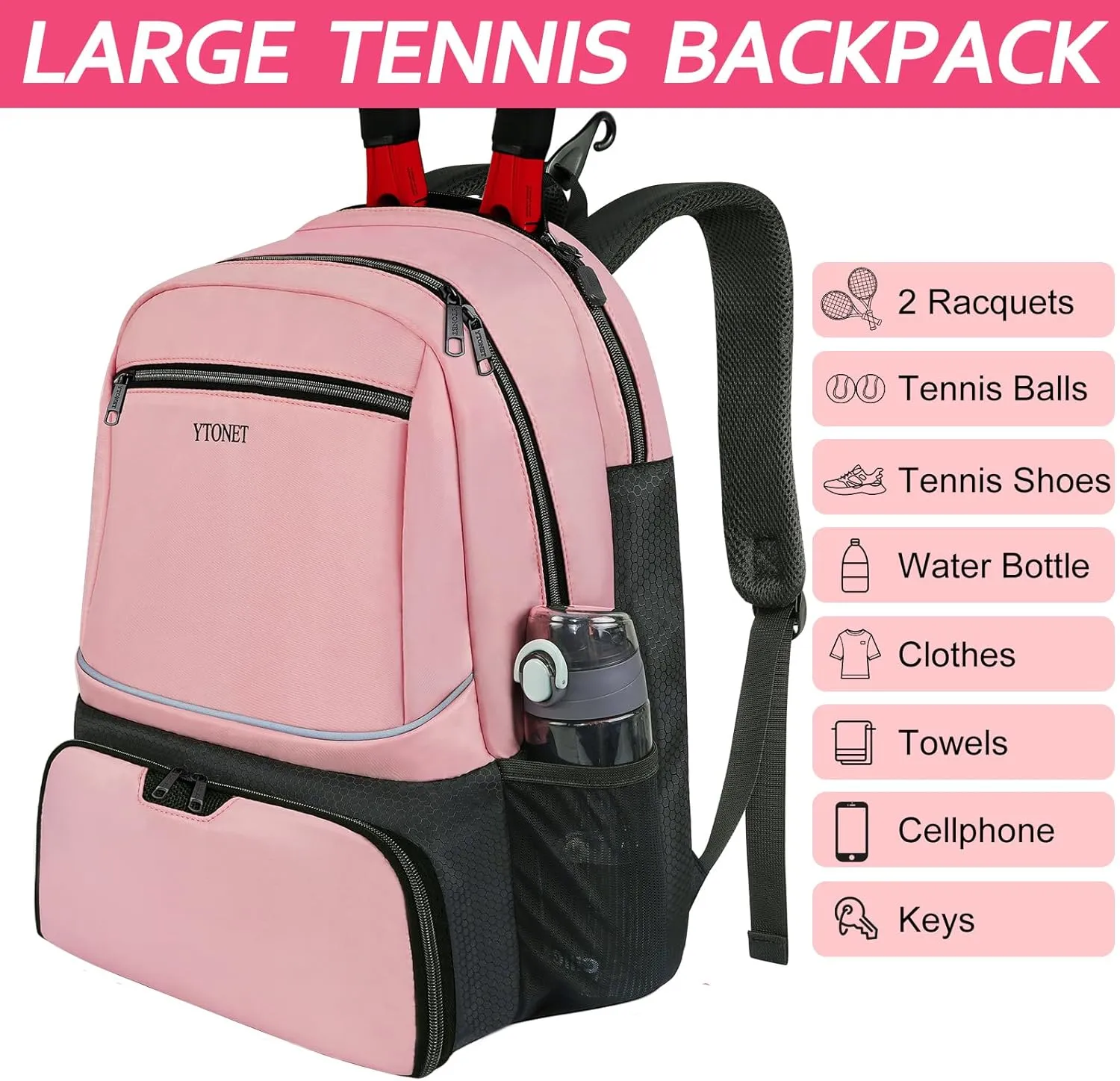 Ytonet Tennis Bag Tennis Backpack for Women Men 2 Rackets with Insulated Pocket Ventilated Shoe Compartment