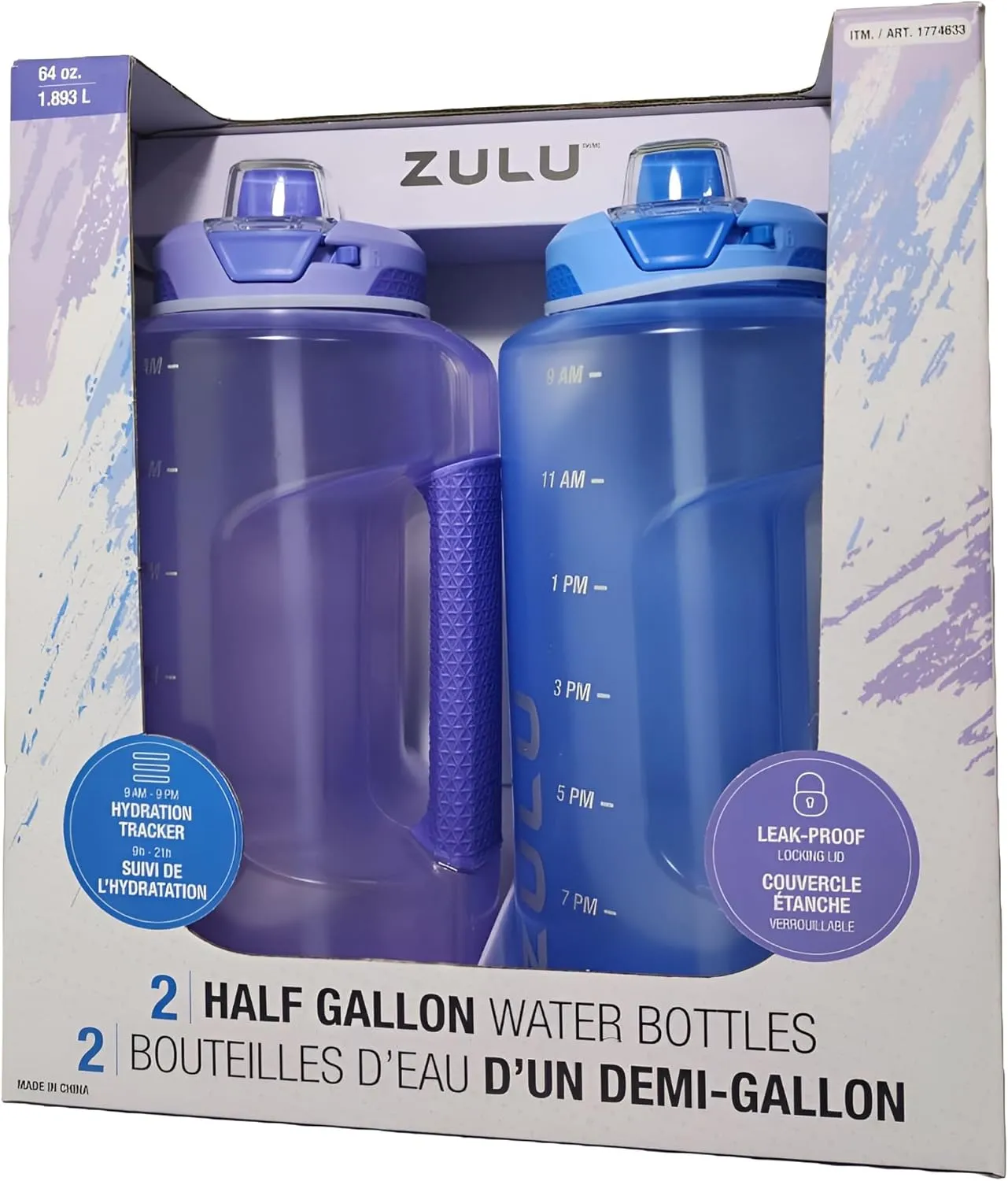 ZULU Half Gallon Water Bottles with Hydration Tracking Time Markers, 2 Pack, 64 Oz (Light Purple/Aquaviva Blue)