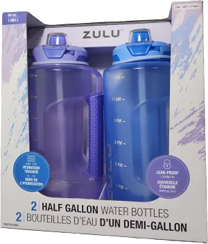 ZULU Half Gallon Water Bottles with Hydration Tracking Time Markers, 2 Pack, 64 Oz (Light Purple/Aquaviva Blue)